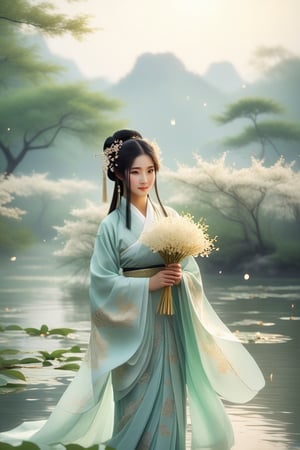 Close-up of a stunningly beautiful girl, Chinese Han Dynasty girl, with big eyes and long eyelashes that make her eyes more lively and beautiful, wearing Han Dynasty clothes and hairstyle, with stunning black hair and long Thick eyelashes, holding a delicate bouquet of jasmine flowers on her fingers. When she looked directly at the audience, she smiled. Her whole body exuded an otherworldly light, and every contour and object on her body seemed to be illuminated by light and sparkle. She couldn't help but dance a dance on the spot, which was very elegant and soft. After the dance, she took the paper umbrella and prepared to go back. In the quiet atmosphere of the summer night, the trees were tall, the rivers flowed quietly, and the nocturnal creatures sang and sang with their gentle calls. As croaks serenade them, our protagonist acts like a beacon of loveliness. In Vadimka's new style, every detail has been carefully crafted to create a realistic style that exudes elegance and wonder. (Masterpiece 1.2, 8K) Depth of field.,source_furry,score_5_up,score_6_up,score_7_up,score_8_up,score_9,han fu