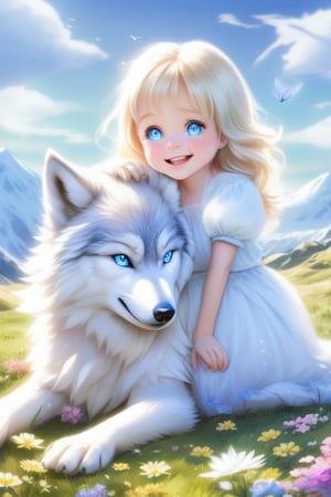 A little girl with blond hair and very fair skin. She is only 4 years old, but she grew up with a snow wolf with white fur and blue eyes. The snow wolf loves the little girl very much. He can put her to sleep and carry her on the grassland. The little girl always smiles happily. The little girl is extremely beautiful, with blue eyes, very lively, and long and thick eyelashes. To make her even more beautiful, she would often roll around on the grass with the snow wolf. The little girl wears all kinds of cute clothes. Outdoors, sunshine, mountains, trees, flowers, birds, butterflies. light and shadow.
