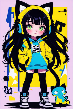 Taiwanese vtuber, 1girl, beautiful anime character, beautiful green eyes, air bangs, lollipop punk fashion, cute cartoon ello kitty shaped hoodie, cat earmuffs, pastel color clothes based on yellow and black , soft mood fashion, anime print shirt, gothic style tights, long combat boots, score_8, score_7_up, dal-7 style, blue mood, mood, modern art style, vspop, 2.5D three-dimensional style, illustration, ek_an1_b00ster