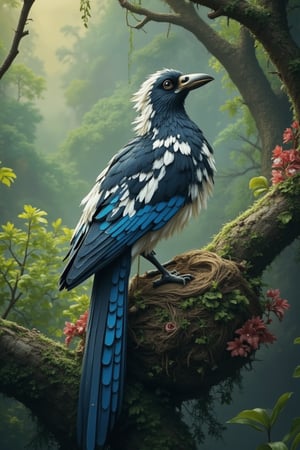 Solo, on an ancient large tree, there is a big nest with a bird resembling a crow. Upon closer inspection, it is a magpie with a white patch on its back, a blue feather near its tail, and white feathers on its chest. Its tail is slightly longer than a crow's. Beautiful, it is the magpie from ancient Han Chinese culture, still existing today. Despite its beauty, it can sometimes attack humans like a crow. Detailed, hyper-realistic, captured with modern photography techniques, a great photo.