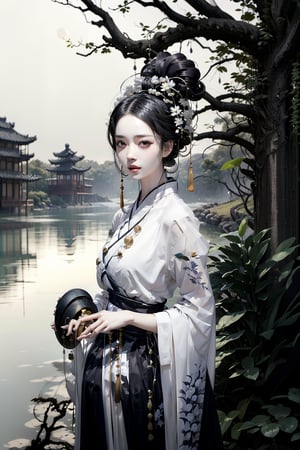 Under the ancient tree of the Han Dynasty, stood a beautiful woman with long black hair wearing Han costumes and a lily bun. Holding a pipa, a musical instrument from the Han Dynasty, she looked up at the crescent moon in the night sky with a smile, creating a mysterious atmosphere. The scene features contrasting lighting that highlights her stunning features and the peaceful expression on her face as she contemplates joy. The composition allows her to pose in cute and funny poses of joy, anger, sadness, and joy. The moon, ancient trees, ancient houses, ancient wells, ancient gardens, and ancient swings become the dramatic background. light and shadow. Ink design.,playing instrument, playing guzheng, hanfu,myhanfu