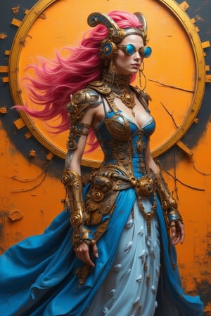 An acrylic model of a very beautiful woman with long wavy pink hair, dressed as a romantic queen of love, blending the elegance of an empress with steampunk and cybernetic elements. She wears a striking blue dress with a white corset, a bright blue skirt, and steampunk accessories like gears, goggles, and metallic details. Cybernetic enhancements give her a futuristic edge. The background features an orange gradient with black and light yellow complementary textures, creating a vibrant and dynamic atmosphere, highlighting her domineering power.