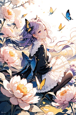 girl, solo, looking at the audience, smiling, with big purple eyes and long, loving eyelashes. Her eyes are bright and shiny, and her long purple hair is very beautiful and flutters in the wind, giving her a very romantic atmosphere. There are also yellow butterflies with purple lines, black butterflies with yellow lines, and blue butterflies with light pink lines. There are also peonies, large perfume lilies, large yellow chrysanthemums, and a traditional literary platform. Character names, no human beings, roses, bugs, butterflies, blue flowers, blue butterflies, black flowers, black roses, light and shadow, a very outstanding and beautiful masterpiece of characters. full body , light and shadow
