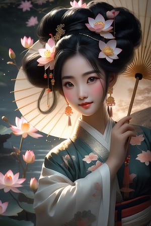 Close-up of a stunningly beautiful girl, Chinese Han Dynasty girl, with big eyes and long eyelashes that make her eyes more lively and beautiful, wearing Han Dynasty clothes and hairstyle, with stunning black hair and long She has thick eyelashes and holds a delicate bouquet of lotus flowers on her fingers. When she looked directly at the audience, she smiled. Her whole body exuded an otherworldly light, and every contour and object on her body seemed to be illuminated by light and sparkle. She couldn't help but dance a dance taught by her grandma at home in ancient times. It was very elegant and soft. After dancing, she took the paper umbrella and prepared to go back. In the quiet atmosphere of the summer night, the trees were tall and the river flowed quietly. Nocturnal creatures serenade them with their gentle chirps and croaks, and our protagonist acts like a lovely beacon. In Vadimka's new style, every detail has been carefully crafted to create a realistic style that exudes elegance and wonder. (Masterpiece 1.2, 8K) Depth of field.,source_furry,score_5_up,score_6_up,score_7_up,score_8_up,score_9,han fu