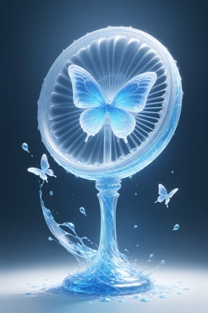 
{Elegant crystal clear crystal glass electric fan with graceful curves, filled with marbled light blue and white and blue liquid (transparent), forming the shape of a butterfly. Lion and texture. Smooth object contours and undulating dynamic motion. Pastel petals float around the vase. }