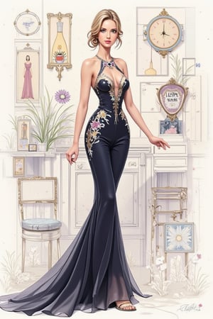 A beautiful European beauty with a tall, sexy, and well-proportioned figure, dressed in fashionable clothes for a high-end cocktail party, exuding luxury and elegance with an aristocratic feel inspired by the most popular Paris and Italian fashions. The artwork features a detailed, realistic depiction in watercolor and gouache, showcasing a lifelike quality and masterpiece status. The 128K resolution captures colored light wavelengths, attractive reflections, and a fine gouache sketch of her full body on display. The modern art style highlights the beauty's allure and sophistication.