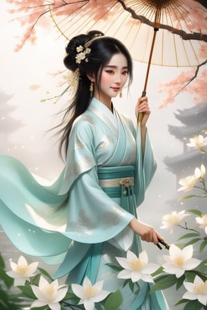 Close-up of a stunningly beautiful girl, Chinese Han Dynasty girl, with big eyes and long eyelashes that make her eyes more lively and beautiful, wearing Han Dynasty clothes and hairstyle, with stunning black hair and long Thick eyelashes, holding a delicate bouquet of jasmine flowers on her fingers. When she looked directly at the audience, she smiled. Her whole body exuded an otherworldly light, and every contour and object on her body seemed to be illuminated by light and sparkle. She couldn't help but dance a dance on the spot, which was very elegant and soft. After the dance, she took the paper umbrella and prepared to go back. In the quiet atmosphere of the summer night, the trees were tall, the rivers flowed quietly, and the nocturnal creatures sang and sang with their gentle calls. As croaks serenade them, our protagonist acts like a beacon of loveliness. In Vadimka's new style, every detail has been carefully crafted to create a realistic style that exudes elegance and wonder. (Masterpiece 1.2, 8K) Depth of field.,source_furry,score_5_up,score_6_up,score_7_up,score_8_up,score_9,han fu