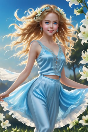 Close-up, full body shot of an 18-year-old girl resembling Nicole Kidman, with striking light blue eyes and long thick eyelashes, messy hair flowing. She wears satin pants and a variety of beautiful little dresses and casual wear in popular styles, dancing joyfully to music. The sky is adorned with braids of lilies, creating a stunning backdrop. High-quality, detailed illustration inspired by Alphonse Mucha, Boris Valejo, and Anne Boonchuy, enhanced with BlackworkStyleManityro and WOWAI, capturing expressive and dynamic elements.