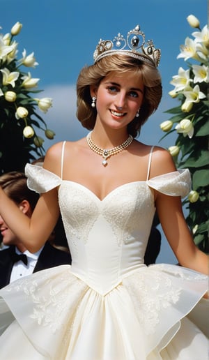 Close-up, the young girl has very beautiful big eyes and long thick eyelashes, she is the 20-year-old British Princess Diana, wearing a crown, full body shot, wearing a gorgeous princess dress, standing, she dances elegantly, She danced to the music, immersed in the charming music, and she smiled happily. There are also perfume lilies all over the sky, which is extremely beautiful. High quality. Modifiers: Alphonse Mucha, boris valejo dedecent illustration, Anne Boonchuy, art_booster, BlackworkStyleManityro, WOWAI, Expressiveh, Apoloniasxmasbox