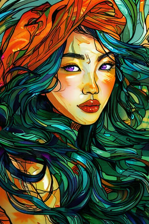 Close-up portrait of a beautiful 19-year-old Korean female supermodel woman with beautiful purple eyes and long green wavy hair wearing a pirate turban in the style of Vincent van Gogh with bright colors and deep orange color Light greens and bold buffs with swirling, textured strokes. Artists: Vincent van Gogh, Henri de Toulouse-Lautrec, Paul Gauguin.