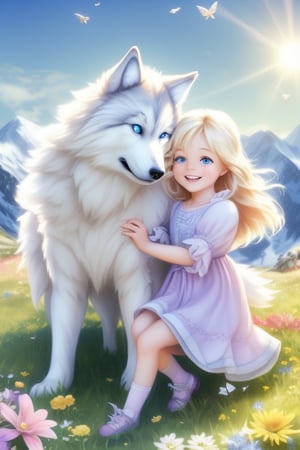 A little girl with blond hair and very fair skin. She is only 4 years old, but she grew up with a snow wolf with white fur and blue eyes. The snow wolf loves the little girl very much. He can put her to sleep and carry her on the grassland. The little girl always smiles happily. The little girl is extremely beautiful, with blue eyes, very lively, and long and thick eyelashes. To make her even more beautiful, she would often roll around on the grass with the snow wolf. The little girl wears all kinds of cute clothes. Outdoors, sunshine, mountains, trees, flowers, birds, butterflies. light and shadow.
