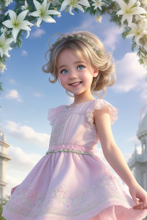 A high-quality, close-up, full-body shot of a young girl with striking light blue eyes and long, thick eyelashes, reminiscent of an 18-year-old Nicole Kidman. Her hair is delightfully messy, adding to her youthful charm. She is dressed in a variety of beautiful little dresses and casual wear, all in popular styles, showcasing her elegance and style.

The scene captures her standing and dancing joyfully to the music, her happiness radiating through her expressive face and graceful movements. Above her, the sky is adorned with intricate braids of lilies, creating a breathtaking, ethereal backdrop that complements her beauty.

The illustration is inspired by the artistic styles of Alphonse Mucha, Boris Valejo, and Anne Boonchuy, blending their unique aesthetics to create a visually stunning and expressive piece. The use of BlackworkStyleManityro, WOWAI, and Expressiveh enhances the detail and impact of the artwork, while Apoloniasxmasbox adds a touch of festive elegance.

This masterpiece combines various artistic influences to create a harmonious and captivating image, highlighting the girl's beauty and the enchanting atmosphere of the scene.