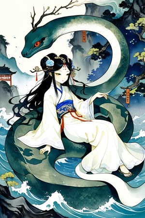 (((One of the four major Chinese folk tales))) A girl wearing white clothes from the Han Dynasty was transformed into a thousand-year-old white snake. On a rainy day, she met an ancient Chinese The scholar who sold medicine in the Song Dynasty was named Xu Xian. He was fair, elegant and handsome, like a white snake fairy. She fell in love with Xu Xian, so she used fairy magic to transform herself into a human being. She approached Xu Xian and married him. Although the white female snake fairy did not harm anyone, because humans and monsters cannot fall in love, an eminent monk Fahai persuaded her, but she refused, and the monk kidnapped Xu Xian. The white snake fought with the monk, causing a flood and drowning many people, so the monk used the method The weapon restrains the White Snake Immortal.
The scene of the two sides on the sea is in turbulent waves, which makes the whole scene very scary. masterpiece. He has performed in film and television productions. Drama title: The Legend of White Snake. Later story: Later, there was a legend: White Snake also had a friend among the snake immortals, Green Snake: Xiaoqing, who was also the green snake spirit for hundreds of years.