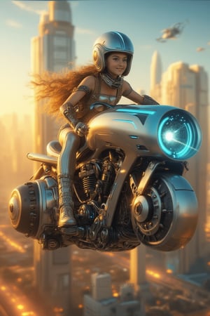 A beautiful young girl with perfect Western facial features, big blue eyes, long eyelashes, and long curly blond hair, wearing silver tights and a bank helmet, sits on a heavy motorcycle with propellers. The motorcycle, adorned with neon decorations, flies in the sky. She rides the motorcycle aircraft, looks at the camera, and smiles happily. The scene is set in a futuristic cityscape under the sun, with thrusters visible. The artwork is a Rococo-style masterpiece, showcasing future technology and sci-fi elements.