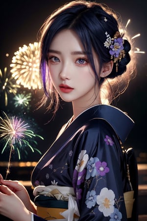 {{Masterpiece}}} A Korean supermodel girl wearing a beautiful traditional kimono, with purple-blue silky hair, long and dense eyelashes, and sharp eyes. Lots of fireworks, detailed textures, high quality, high resolution, high precision, realism, color correction, appropriate lighting settings, harmonious composition. Realism, depth of field, and pictures are outstanding works.