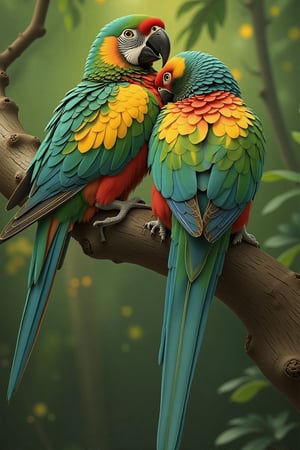 Simple background: On a branch of a tree, a male parrot bird and a female parrot bird engage in love movements. The male parrot rides on the back of the female, with his tail constantly moving. The female excitedly turns around and touches the male's beak with her beak, creating a blush-inducing scene. High-quality, perfect bird body movements, super detailed, and superb photography from award-winning photography. The scene captures the natural, full-of-love behavior of nature, with light and shadow enhancing the masterpiece.