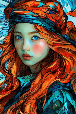 Close-up portrait of a beautiful 19-year-old Korean supermodel woman with beautiful blue eyes and long wavy pink hair wearing a pirate turban in the style of Vincent Van Gogh, bright colors and dark orange , deep aqua and bold buff with swirling, textured brushstrokes. Artists: Vincent van Gogh, Henri de Toulouse-Lautrec, Paul Gauguin.