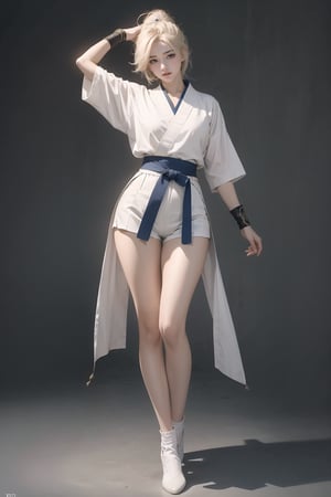 Best quality, masterpiece, ultra high res, (photorealistic:1.4), raw photo, korea girl 18 year old, blond sleek pixie shorts hair style, wearing , solid grey background,Long red hair, technical clothes, artistic style. The movements are preparations for Tai Kwon Do, and the eyes are blue with light spots. The clothes are beautiful clothes from ancient times. full body 
wear whiet sohes.