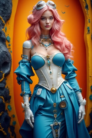 A stunning acrylic model of a beautiful woman with long, wavy pink hair, dressed as a romantic queen of love, blending the elegance of an empress with steampunk and cybernetic elements. She wears a striking blue dress with a white corset accentuating her waistline, paired with a bright blue skirt for a playful touch. The costume features steampunk accessories—gears, goggles, and metallic details—combined with cybernetic enhancements for a futuristic edge. The background showcases an orange gradient with black and light yellow textures, creating a vibrant and dynamic atmosphere that highlights her commanding presence.