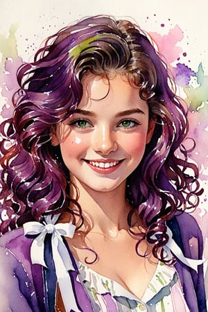 (Author Conrad Rosset), (1949s, 17-year-old girl, cute smile, green eyes, long curly hair, p(Author Conrad Rosset), (1949s, 17-year-old girl, cute smile, green eyes, long curly hair, purple hair, white ribbon, wink), mixed color watercolor, painting, (deliberately beautiful), Full body, carrying a small handbag.urple hair, white ribbon, wink), mixed color watercolor, drawing, (deliberately beautiful),