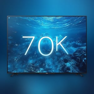 Digital art uses a flat head-up perspective. The text "70K" is displayed on the Sony 120-inch plasma TV screen, and the background is a beautiful deep sea scene. This best photograph captures the essence of modern technology and natural beauty, creating a masterpiece of visually stunning harmony.