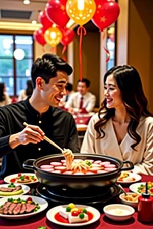 In a Chinese hot pot restaurant, a handsome young man and his beautiful young woman celebrated their two-year anniversary. They happily ate hot pot. The ingredients were very luxurious and fresh. (fresh food), sheep, beef, pork slices, enoki mushrooms, etc., there are love balloons and cakes around, lively atmosphere, background is diners in the restaurant, scene, lively, ultra-detailed realistic details, masterpiece, 8K