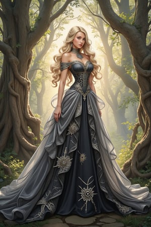 Lacquer painting style. An elegant blonde beauty, exuding confidence, highlights her silver and black outfit in an enchanted forest bathed in soft golden light. Her striking features, including long flowing hair like a moonlit stream, stand out against the backdrop of towering trees with twisted branches intertwining in a hypnotic dance. The painting captures every detail, from her outfit's intricate design to the forest's lush foliage.