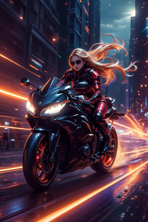 A digital art masterpiece with RTX, 128K resolution. A robot girl in mecha armor, featuring dark red and light brown hues with shining neon lines. She has a delicate face, soft and shiny skin, long flowing hair, and sunglasses. Riding a black Kawasaki Ninja H2 Carbon at high speed, her focused expression captures the thrill of the ride. The city street background is filled with puddles, and air movement creates neon rainbow lines. Kristen Stewart lookalike, the scene is set in darkness, emphasizing the dynamic speed and energy of the motorcycle.