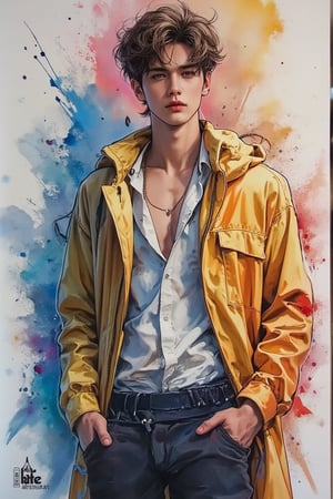 A beautiful European emo handsome guy, tall and sexy, with a well-proportioned figure. He wears fashionable clothes with a fashionable aristocratic feel, casual yet elegant. Using watercolor and gouache splashes, the artwork showcases masterpiece quality and stunning imagery. 128K resolution captures colorful light wavelengths, mesmerizing reflections, and the beautiful gouache sketch in the center. Modern art style highlights beauty and sophistication.