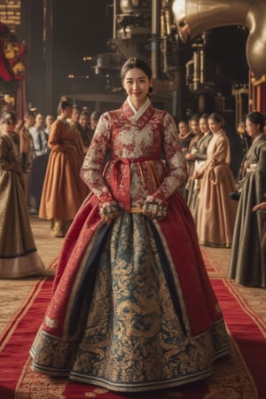 A breathtaking woman, more stunning than a Korean supermodel, in a traditional Korean hanbok adorned with intricate royal embroidery. She exudes dignified grace, followed by a group of attendants in elegant, patterned hanboks. Leading the procession, maids and concubines in traditional attire walk ahead. With a serene smile, she glances at the audience, poised to meet the Joseon king. The scene is set against a backdrop of a steampunk engine, blending historical and futuristic elements. Masterful light and shadow create a perfect, detailed work.