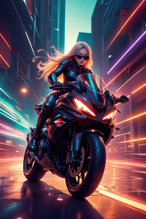 A high-resolution, 128K digital art masterpiece with RTX. A robot girl in a mecha, adorned with dark red and light brown armor, shining neon lines, and a delicate face. She has soft, shiny skin, long flowing hair, and sunglasses. Riding a black Kawasaki Ninja H2 Carbon at high speed, her focused expression captures the thrill of the ride. The city street background is filled with puddles, and air movement creates neon rainbow lines. Kristen Stewart lookalike, the scene is set in darkness, emphasizing the dynamic speed and energy of the motorcycle.