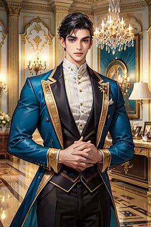 A boy is facing the camera, thick eyebrows, big blue eyes (eyelashes are long and thick), facial features are very detailed, super high quality, masterpiece official art. Realistic (Penetration) He has chest muscles and his hair color is purple and black. His clothes are in line with the current fashion. He is 183 centimeters tall and weighs 183 centimeters. He always looks handsome and tall. His home is very large, with vases everywhere filled with all kinds of flowers, giving it a soft atmosphere under the masculine atmosphere. His home is very luxurious, with rooms dedicated to various sports: swimming, weight training, treadmills, and sweat dripping on his face. The crystal sweat makes his face more masculine. He looks at the audience with an open mouth and smile, official art, professional cinematography, extremely high quality, a masterpiece. Light and shadow, depth of field (distant view).