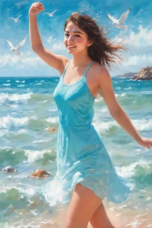 Painting depicting athletic female teenager, dynamic pose, joy, seagulls, crabs, seashells, strong ocean waves, blue sky, style of Paul Hedley, happy celebration of nature, Mark Large, Jessica DeRosen, vintage Aesthetics, Automatism, MediumTurquois, SkvBlue and Color Palettes.