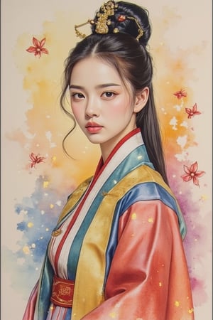 A beautiful European beauty, tall, sexy, and well-proportioned, wears ancient Korean-style clothes and has a hairstyle popular in the ancient Korean dynasty. She exudes a sense of fashionable aristocracy and customs, casual and elegant. The artwork is meticulously and realistically depicted in watercolor and gouache, displaying lifelike quality and masterpiece status. 128K resolution captures colorful light wavelengths, mesmerizing reflections, and the delicate gouache sketch in the center. Ancient art styles highlight beauty and sophistication.