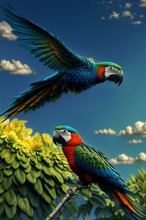 A serene background featuring a parrot soaring freely against a vibrant blue sky. The parrot's exquisite feathers glisten beautifully under the sunlight, creating a stunning backlight effect. The scene captures a cinematic, realistic photography style with a focus on depth of field, highlighting the interplay of light and shadow, resulting in a masterpiece.,1 line drawing