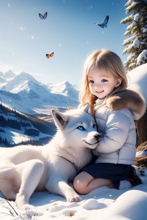 A little girl with blond hair and very fair skin. She is only 4 years old, but she grew up with a snow wolf with white fur and blue eyes. The snow wolf loves the little girl very much. He can put her to sleep and carry her on the grassland. The little girl always smiles happily. The little girl is extremely beautiful, with blue eyes, very lively, and long and thick eyelashes. To make her even more beautiful, she would often roll around on the grass with the snow wolf. The little girl wears all kinds of cute clothes. Outdoors, sunshine, mountains, trees, flowers, birds, butterflies. light and shadow. 