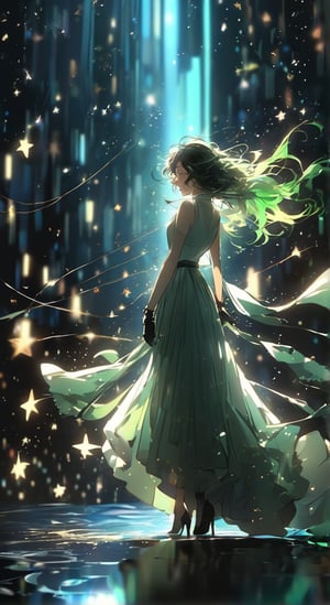 Animation style: 0.6), [(white background: 1.4)::5], (imine shooting: 0.95), (full body: 1.25), dynamic angle, (official art), extremely delicate and beautiful, (delicate color blocks), 2d, (fantasy), depth of field, // midnight, night, starry sky, outdoor concert, // [1girl, looking at the audience, (full body), morbid, elegant, conductor, black baton, holding wand, (facing Audience, fascinated), asymmetric bangs, (dark green starry eyes: 1.15), (green flipped asymmetrical long curly hair: 1.15), one side of hair slicked back, (no expression: 0.85), black leather gloves, white shirt , gray suspenders, (black technical coat, green stripes and tie)], sheet music and notes floating around, flickering fragments, // (male standing in the center of the stage, moonlight shining on the stage), // (in ruins , Broken City), // ([Meteor:note:0.5],[Meteor:note:0.5])