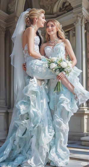 An emotional French aristocratic bride and groom exchanged glances at their wedding. The groom and the princess are carrying the bride on her back, and the bride's light blue lace wedding dress flows naturally like a waterfall, which is extremely beautiful. The girl is wearing a beautiful light blue wedding dress, a light blue veil and makeup. The makeup is exquisite, including jewelry, necklaces, earrings, and the bridal bouquet. She has golden silky curls, bright green eyes, long eyelashes and a confident smile. The groom wears a bow tie, has smooth blond hair, bright blue eyes and a strong expression. The scene captures their entire bodies, highlighting their height difference, and the wavelength of light enhances the romantic atmosphere. The background is more romantic in 128k resolution. Create stunning anime-style artwork to celebrate their joyful wedding.,Glass