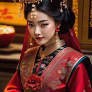 A breathtaking 18-year-old Chinese supermodel, adorned in an exquisite ancient Chinese wedding phoenix crown and xiaxiapei costume. Her forehead is delicately adorned with a 1.2 cm red flower pattern, enhancing her beauty. She possesses captivating dark black eyes, large and bright, framed by long and thick eyelashes, exuding a hint of shyness. Her face is a blend of slightly pink and fair skin, with slightly curled lips that form a gentle smile. Her black, silk-like hair is styled into a wedding bun, showcasing her white, snowy neck. In the traditional wedding setting, she holds a round fan, patterned and transparent, adding an air of mystery as it partially conceals her face. The fan contrasts beautifully with her ornate Chinese attire, which includes a headdress intricately decorated with gold threads, jade beads, and multiple strings of pearls. The phoenix crown features delicate gold leaves and gemstones, while her rich red and gold layered silk robe is embroidered with dragons and auspicious symbols. Her wide, flowing sleeves are detailed with embroidery, and the ornate collar is inlaid with gems. Her long, black silk-like hair is partially visible below the headdress. The scene is rendered in photorealistic detail, capturing the interplay of light and shadow, and evoking a strong wedding atmosphere. She looks directly at the audience, deeply captivating anyone who views her. The artwork is a masterpiece, presented in ultra-high definition, truly photorealistic in its depiction of this beautiful woman.