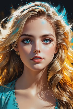 mj, RTX, 8k, HDR, best quality, cinematic story, (masterpiece), Andrey Atroshenko, Tanya Shatseva, Ross Tran, Anna Razumovskaya, art, realistic art, digital illustration, portrait, bright saturated colors, girl's turquoise eyes Big and lively, with long and dense eyelashes, the eyes seem to be able to speak and be lively, attracting the eyes of all viewers. And the beautiful long wavy hair, as golden as silk, flutters in the wind, showing extremely flamboyant beauty. Inappropriate. Stunning beauty.
Digital art, light and shadow art are also integrated into all of them. Vivid narrative realism, art by Carne Griffiths and Wadim Kashin