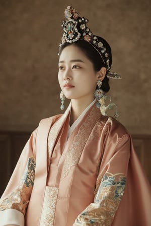 A beautiful and charming young princess from ancient Korea, unmarried, wears a hairband adorned with jewels and traditional Korean attire, simple yet elegant, with fine materials. She has earrings and bracelets, but her outfit is not as luxurious as the royal family's. To read Chinese books, she often dresses as a man, but her father brings her back. She enjoys reading romance novels, lounging on her bed, swinging her hands, and snacking on fruits and pastries. She feels like she's being sold and doesn't want to marry. Rococo art style.