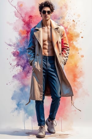 A beautiful European emo handsome guy, tall and sexy, with a well-proportioned figure, wears fashionable clothes exuding a casual yet elegant aristocratic feel. The artwork, created with watercolor and gouache splashes, showcases masterpiece quality and stunning imagery. 128K resolution captures colorful light wavelengths, mesmerizing reflections, and the beautiful gouache sketch in the center. The modern art style highlights beauty and sophistication.