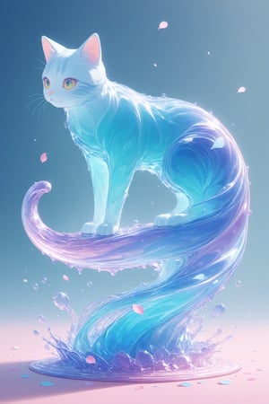 {Elegant crystal glass locomotive with beautiful curves filled with marbled iridescent liquid forming the shape of a cat. Cats have hair and texture. Smooth animal silhouettes with wave-like dynamic movement. Pastel petals float around the vase. }