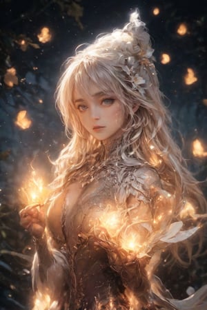 Close-up shot of a stunning anime-style girl with mesmerizing golden locks and luscious eyelashes, her fingers cradling a bouquet of delicate calla lilies. As she turns to face the audience, her entire being radiates an otherworldly glow, every contour and object on her body shining like LED lights. Amidst the serene summer night atmosphere, where trees stand tall, rivers flow silently, and nocturnal creatures serenade with their gentle chirps and croaks, our protagonist shines as a beacon of loveliness. In Vadimka's new style, every detail is meticulously crafted to create an anime masterpiece that exudes elegance and wonder.