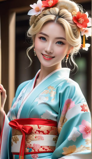 Close-up, young girl, light blue eyes, long thick eyelashes, she looks like 18-year-old 席琳狄翁, short blond hair, full body shot, wearing kimono, standing, hair accessories, Japanese style Women's shoes, she twisted and danced to the music, (((Super masterpiece, detailed details))),. Looks happy. There are also flower braids all over the sky, which are extremely beautiful. High quality. Modifiers: Alphonse Mucha, boris valejo dedecent illustration, Anne Boonchuy, art_booster, BlackworkStyleManityro, WOWAI, Expressiveh, wohle body, Apoloniasxmasbox