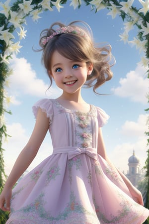 A high-quality, close-up, full-body shot of a young girl with striking light blue eyes and long, thick eyelashes, reminiscent of an 18-year-old Nicole Kidman. Her hair is delightfully messy, adding to her youthful charm. She is dressed in a variety of beautiful little dresses and casual wear, all in popular styles, showcasing her elegance and style.

The scene captures her standing and dancing joyfully to the music, her happiness radiating through her expressive face and graceful movements. Above her, the sky is adorned with intricate braids of lilies, creating a breathtaking, ethereal backdrop that complements her beauty.

The illustration is inspired by the artistic styles of Alphonse Mucha, Boris Valejo, and Anne Boonchuy, blending their unique aesthetics to create a visually stunning and expressive piece. The use of BlackworkStyleManityro, WOWAI, and Expressiveh enhances the detail and impact of the artwork, while Apoloniasxmasbox adds a touch of festive elegance.

This masterpiece combines various artistic influences to create a harmonious and captivating image, highlighting the girl's beauty and the enchanting atmosphere of the scene.