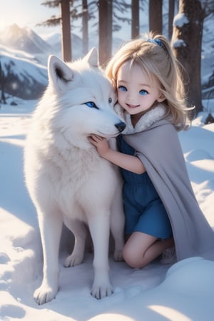 A little girl with blond hair and very fair skin. She is only 4 years old, but she grew up with a snow wolf with white fur and blue eyes. The snow wolf loves the little girl very much. He can put her to sleep and carry her on the grassland. The little girl always smiles happily. The little girl is extremely beautiful, with blue eyes, very lively, and long and thick eyelashes. To make her even more beautiful, she would often roll around on the grass with the snow wolf. The little girl wears all kinds of cute clothes. Outdoors, sunshine, mountains, trees, flowers, birds, butterflies. light and shadow. 