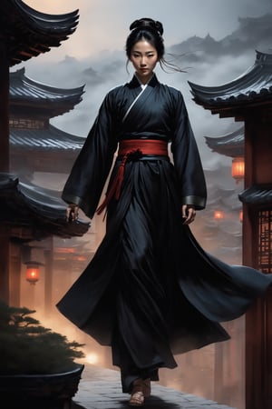 A stunning ancient Han Dynasty woman, dressed in elegant Hanfu, serves as a secret guard for a prince. Her skills include assassination, poisoning, gathering information, and destroying evidence, akin to a modern defense security officer. Under a midnight sky filled with stars and dense clouds, she receives a mission and leaps onto the rooftops of civilian homes, using ancient martial arts and light-footed techniques. She wears a simple black outfit that blends with the dark night, yet a faint light reveals her silhouette. A sword is belted at her waist. She glides across the rooftops, lightly touching the eaves as she advances. The scene is depicted in ink art, with detailed shading and depth to capture the interplay of light and shadow.