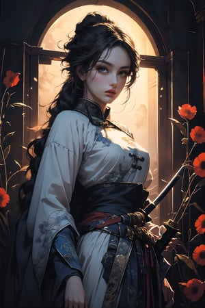 (super perfect quality masterpiece and detailed details), beautiful black plot, complex, extremely high clear resolution, complex lines, (exquisite drawing), 1girl photo of beautiful ancient Chinese girl wearing black clothes holding a sword Long wavy silver hair, hair shining in the moonlight, long sword, weapon, black mask, duet, underwear, big blue eyes, long and thick eyelashes, Han Dynasty general style clothing, print, medium breasts, looking straight The audience's eyes showed a fierce and intense emotion. The audience felt the atmosphere strongly. Ponytails, hair accessories, flowers, and blood splashed into several fox lines, perfect killing skills, the enemy fell, and the throat was sealed with a knife, super delicate and clear, perfect illustration,
BREAK Beautiful lighting, beautiful glow, Vadim Kass’ artistic style plus Jae Hyun Art. light and shadow.whole body.