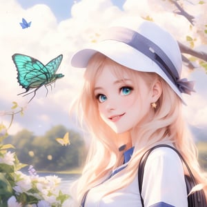 Close-up in anime style, a beautiful girl with big, lively eyes with long eyelashes, has beautiful long golden wavy hair with shiny texture, wearing a hat and carrying a backpack. . The girl is smiling directly at the audience. She is completely dressed in work clothes, but she is wearing the posture of a big star. All the lines of her body, including the objects on her body, are shining, just like LED lights, full of streamlined beauty. . She became the most visible target before the crowd. Blue sky and white clouds, green trees, quiet river, butterflies, dragonflies, birds and frogs seem to be playing a symphony. It reflects the beautiful wonders of summer night and is extremely beautiful. What a masterpiece. Light and shadow. The anime style details are extremely detailed and beautiful. whole body. Vadimka new style.,more detail XL,aesthetic portrait